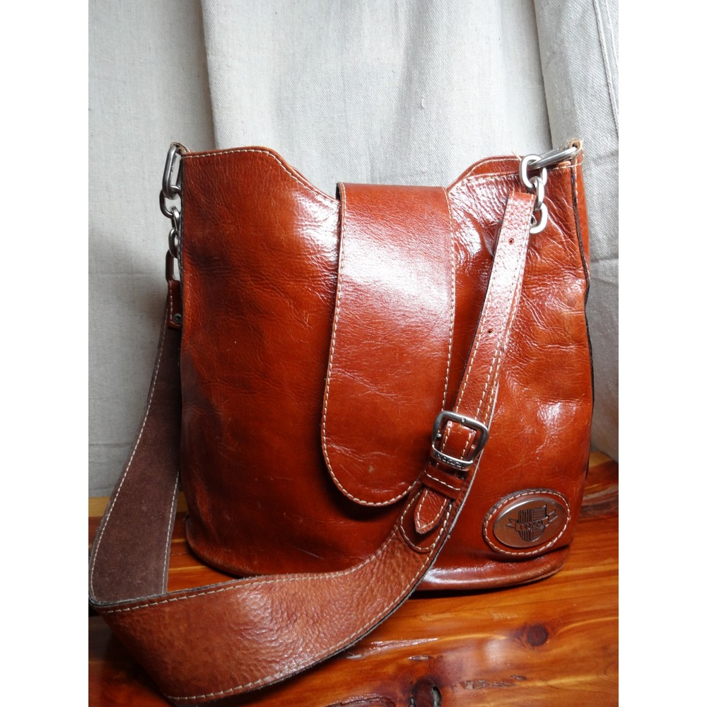 VTG Cozzi Leather Bucket Bag Women Large Cognac Brown Distressed Shoulder Bag
